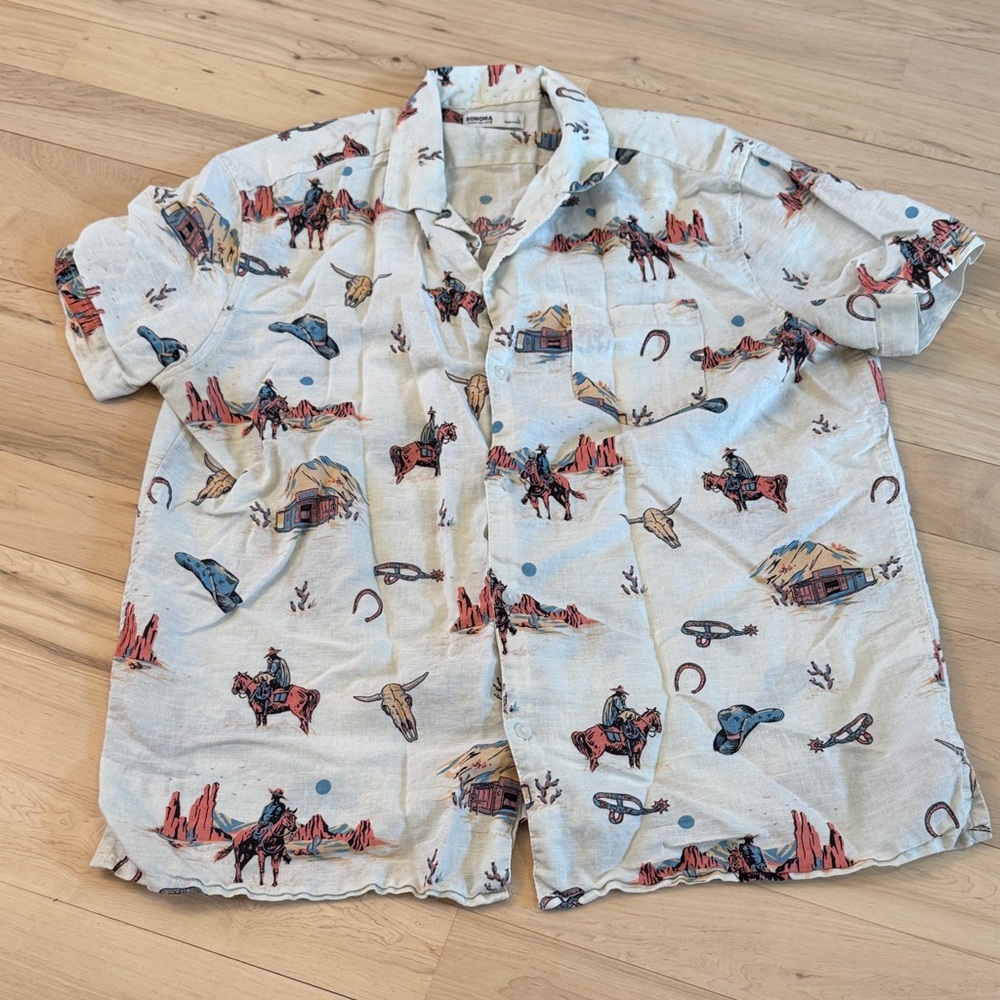 Linen/Cotton Western Graphic Button Down Shirt-Cowboy-L-Vacation